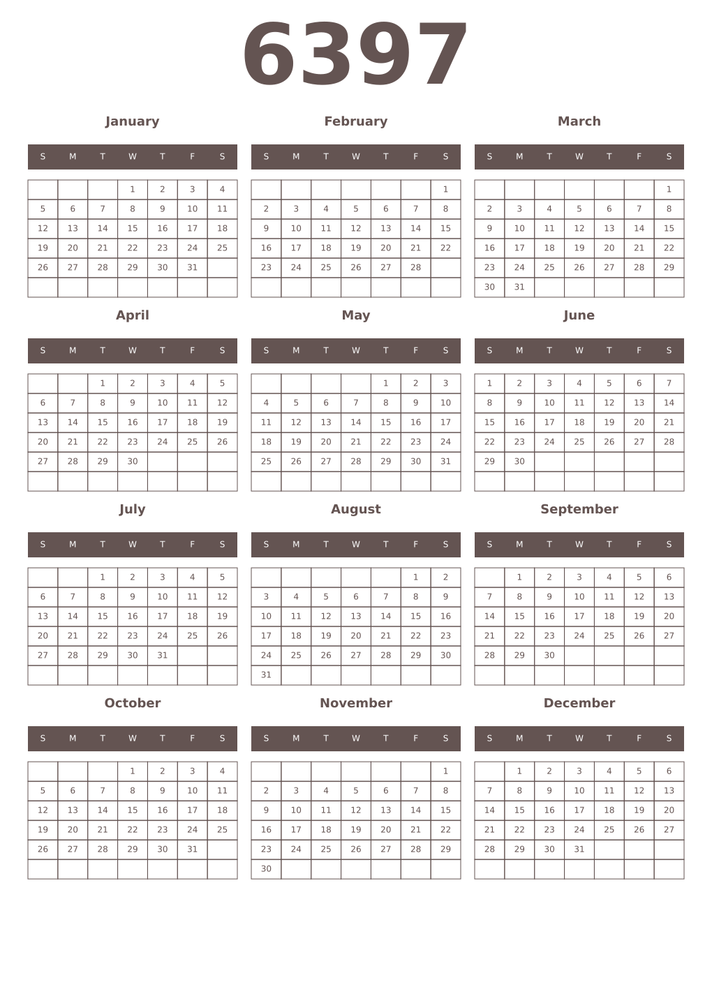 Printable 6397 Year Calendars wenge