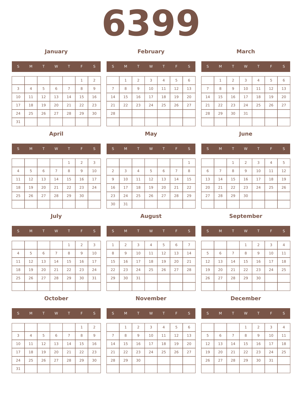 Printable 6399 Year Calendars coffe