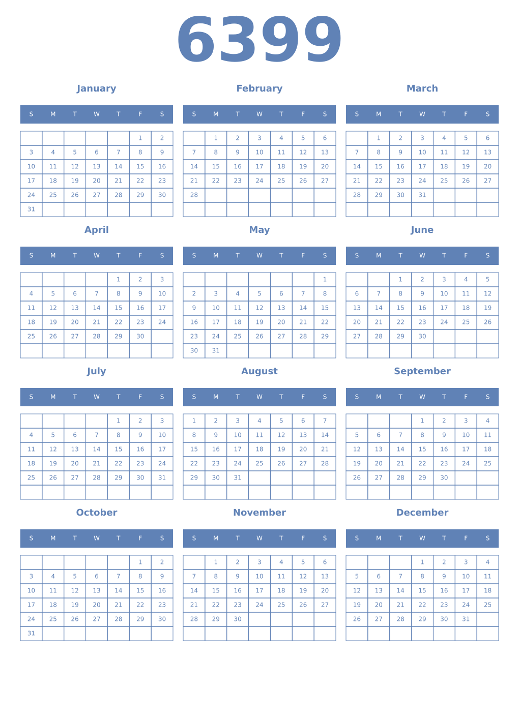Printable 6399 Year Calendars glaucous