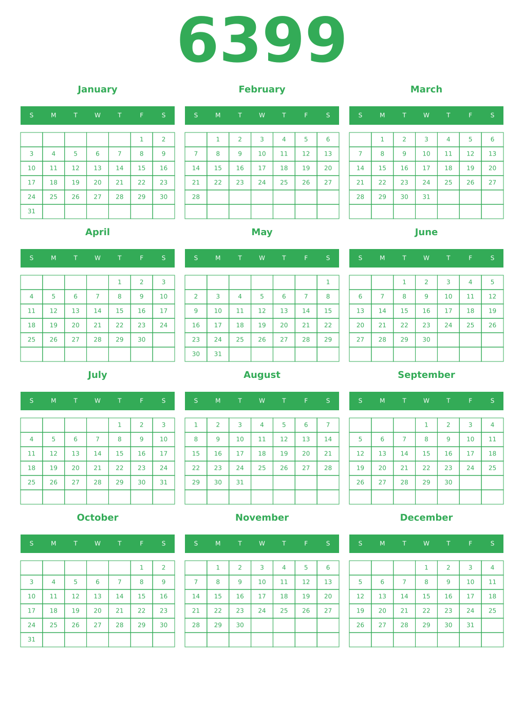 Printable 6399 Year Calendars green