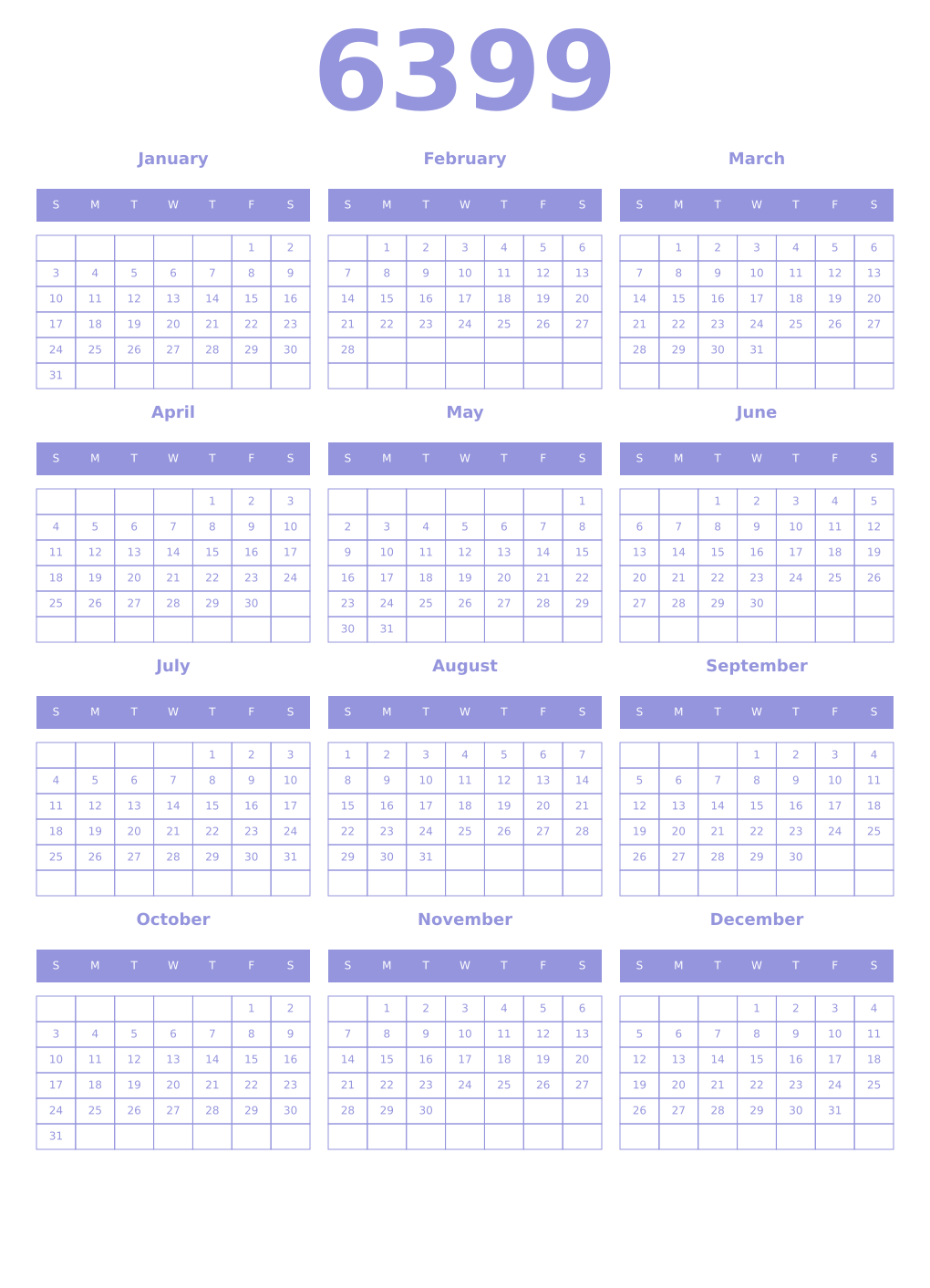 Printable 6399 Year Calendars periwinkle