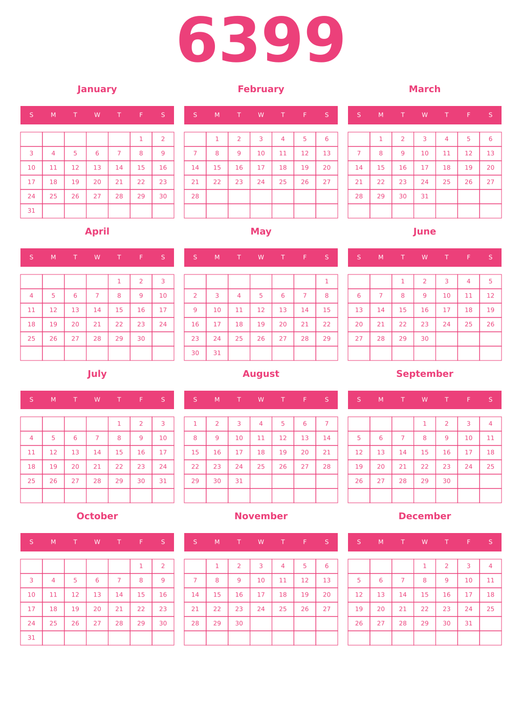 Printable 6399 Year Calendars pink