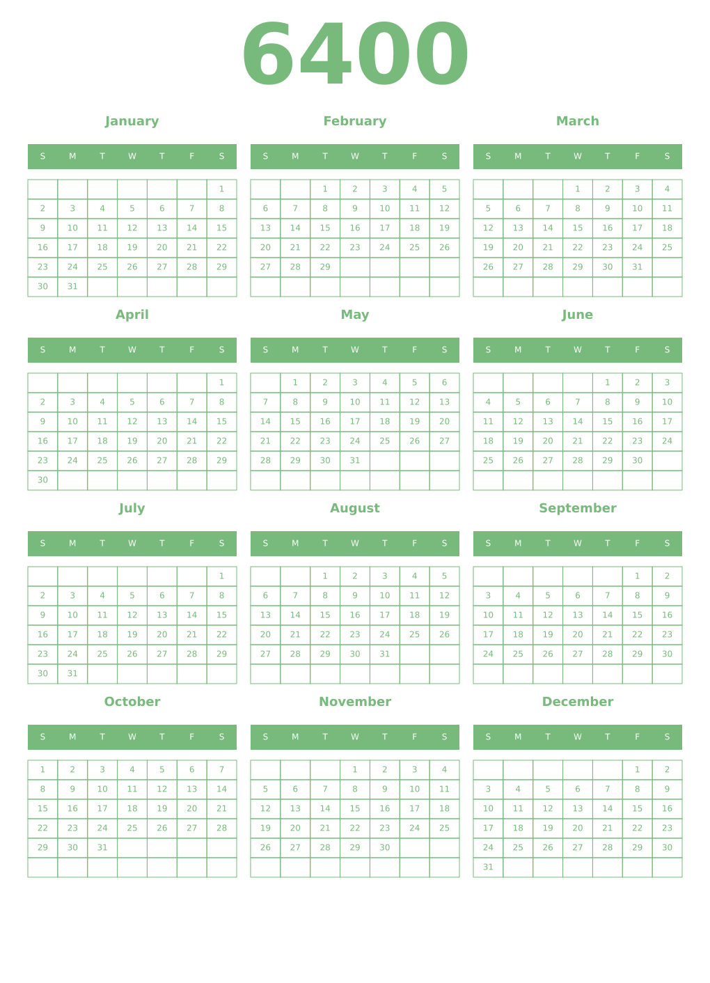 Printable 6400 Year Calendars celadon