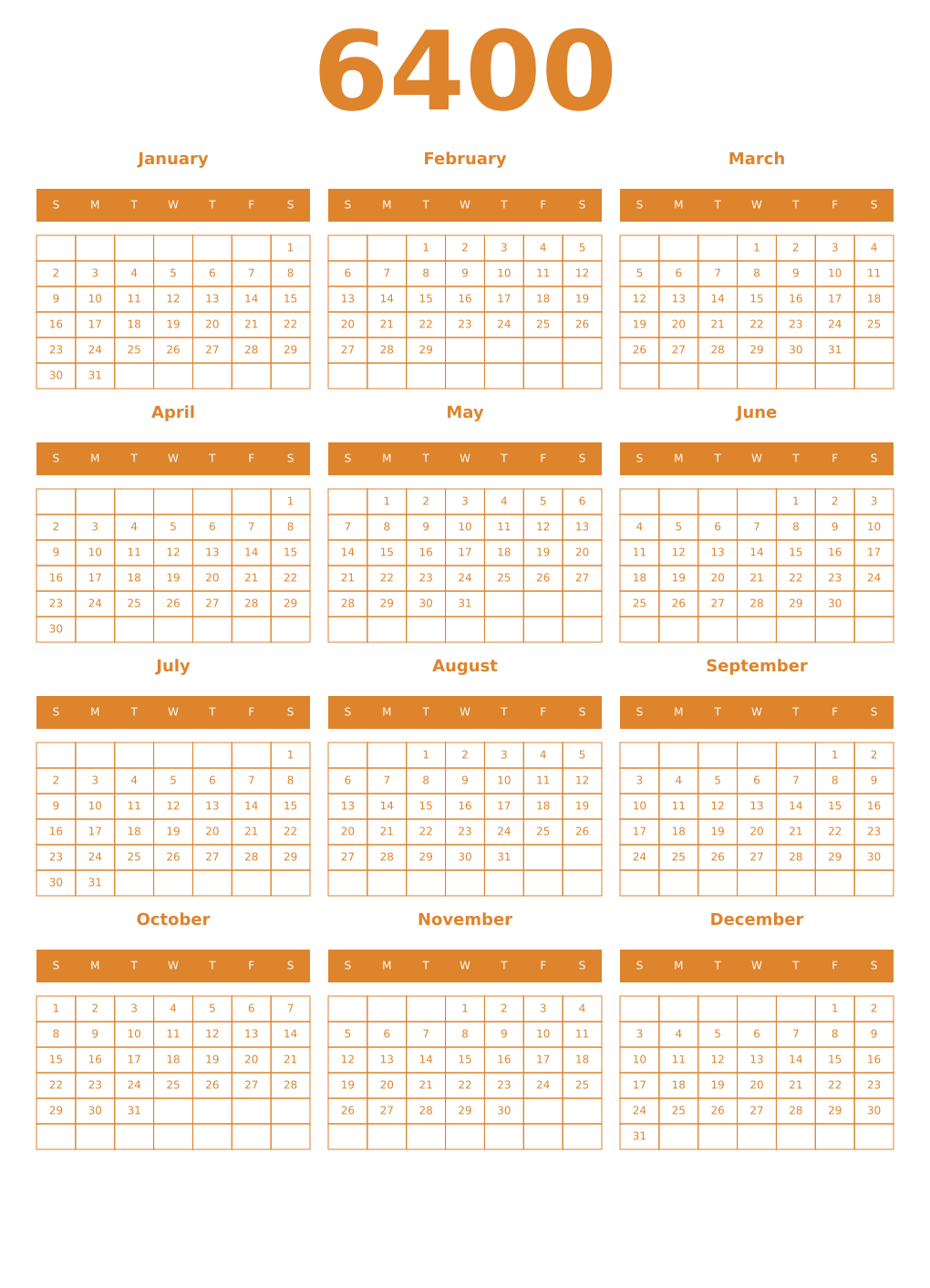 Printable 6400 Year Calendars orange