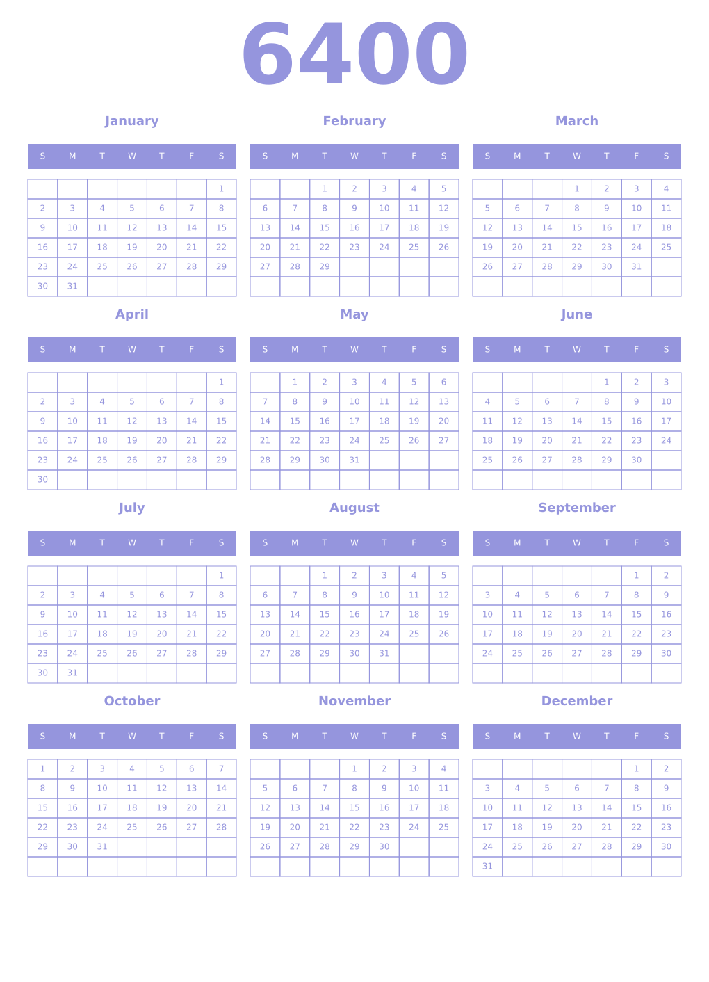 Printable 6400 Year Calendars periwinkle