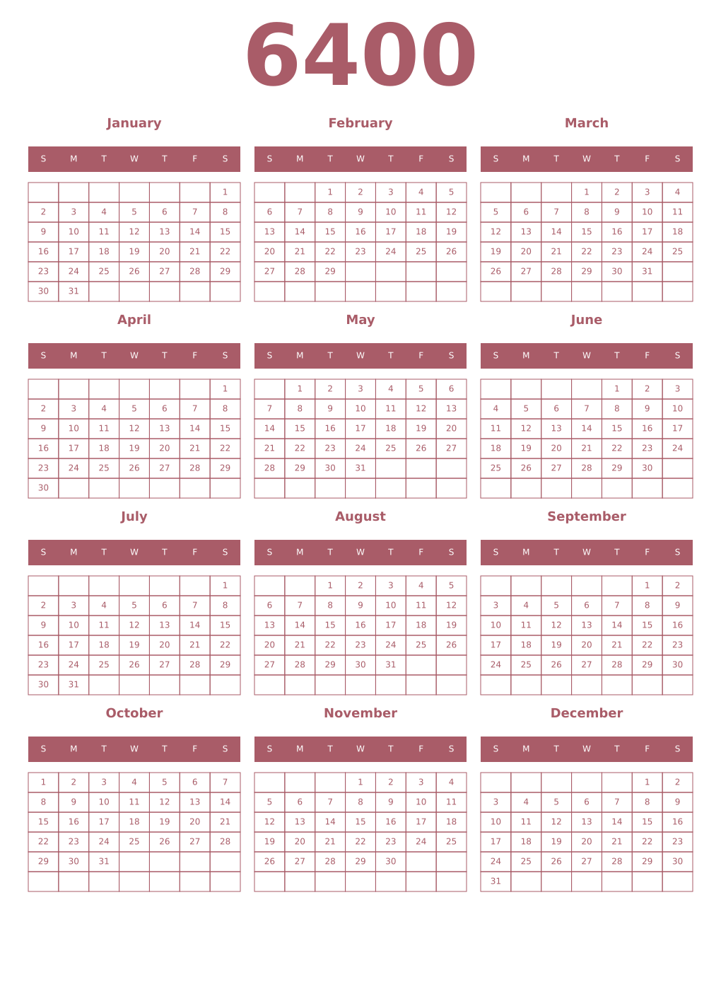 Printable 6400 Year Calendars puce