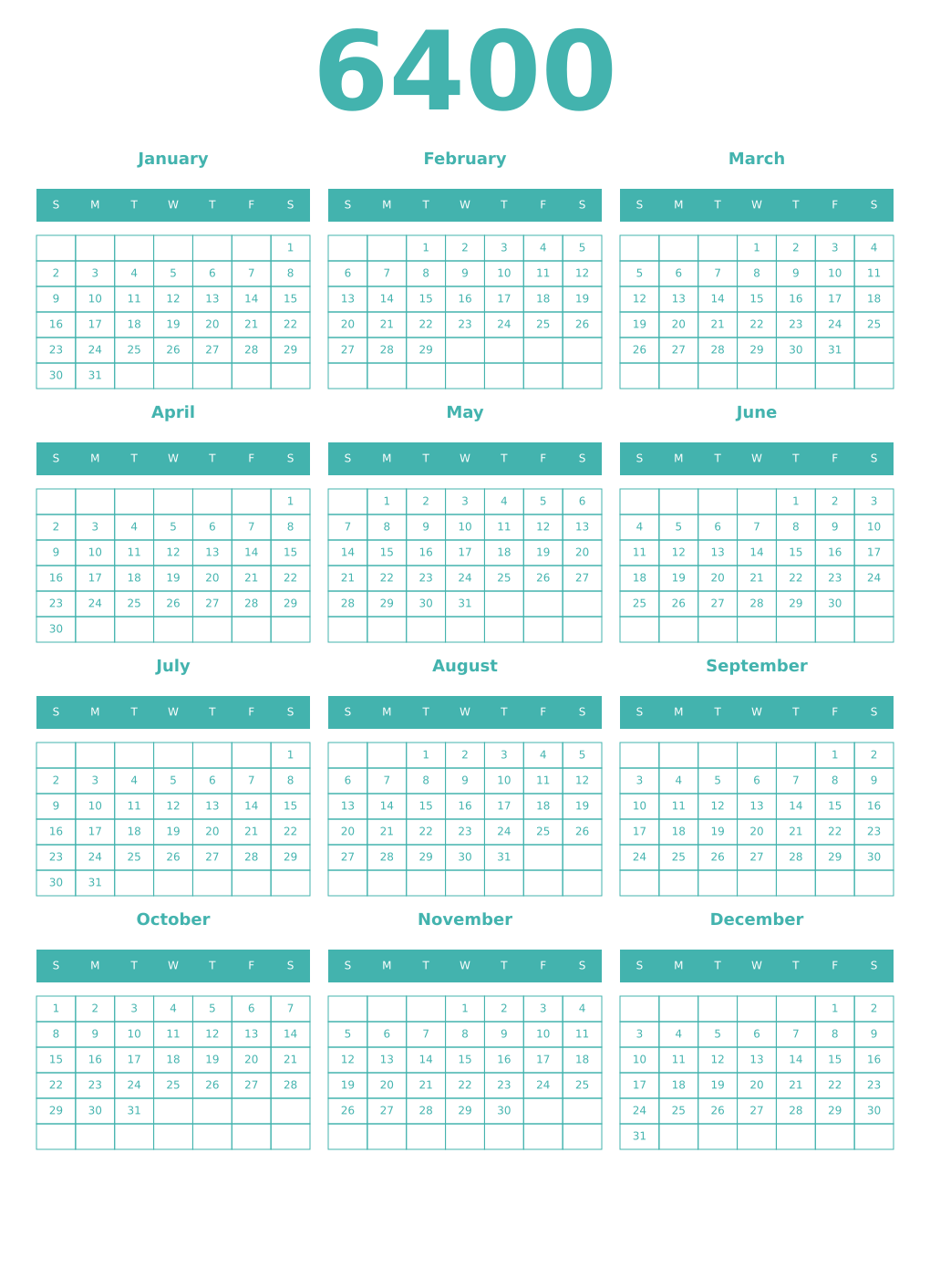 Printable 6400 Year Calendars verdigris