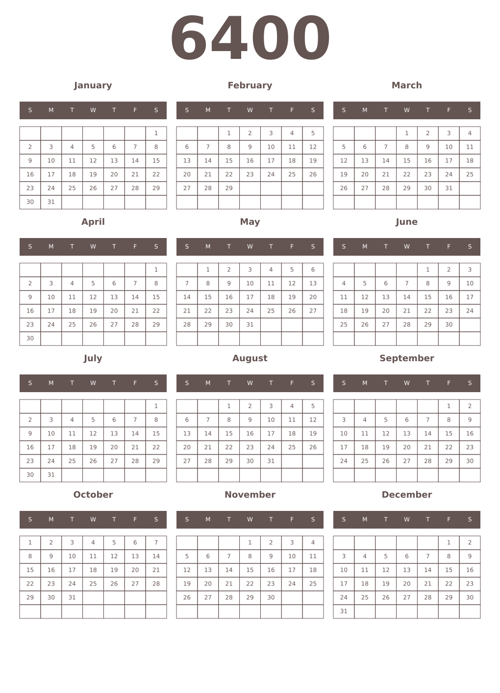 Printable 6400 Year Calendars wenge