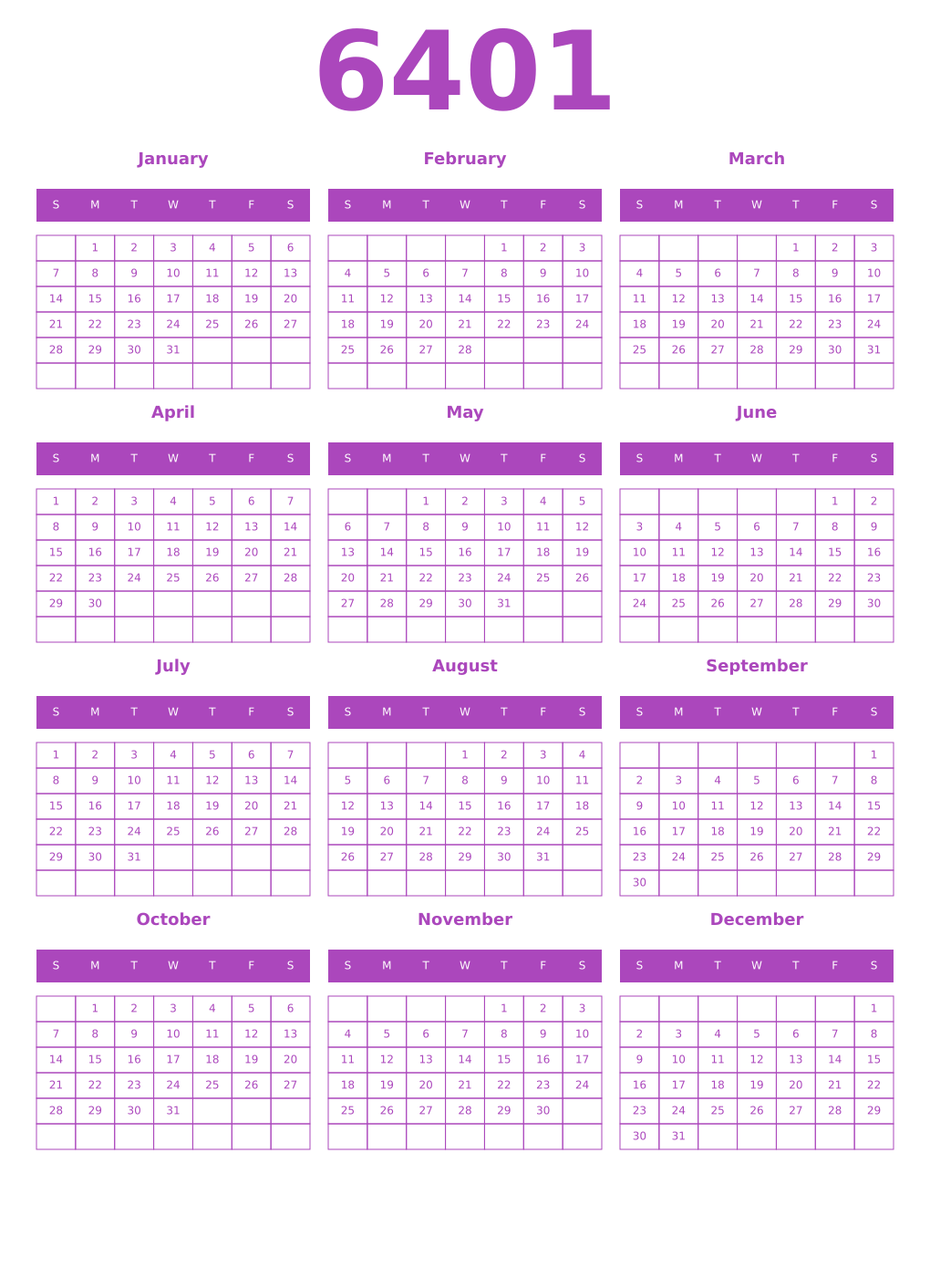 Printable 6401 Calendars