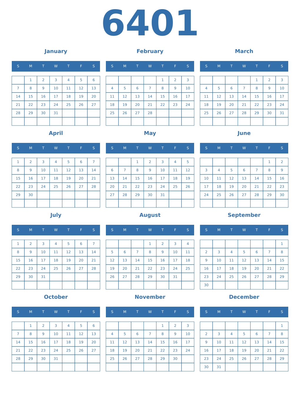 Printable 6401 Year Calendars blue