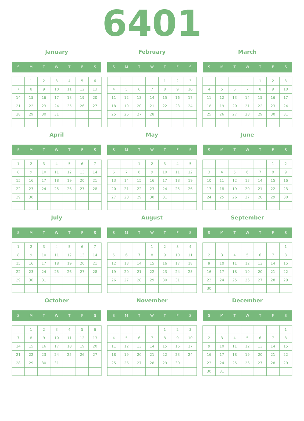 Printable 6401 Year Calendars celadon