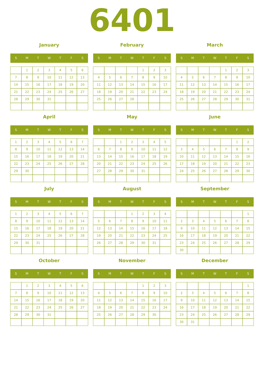 Printable 6401 Year Calendars chartreuse
