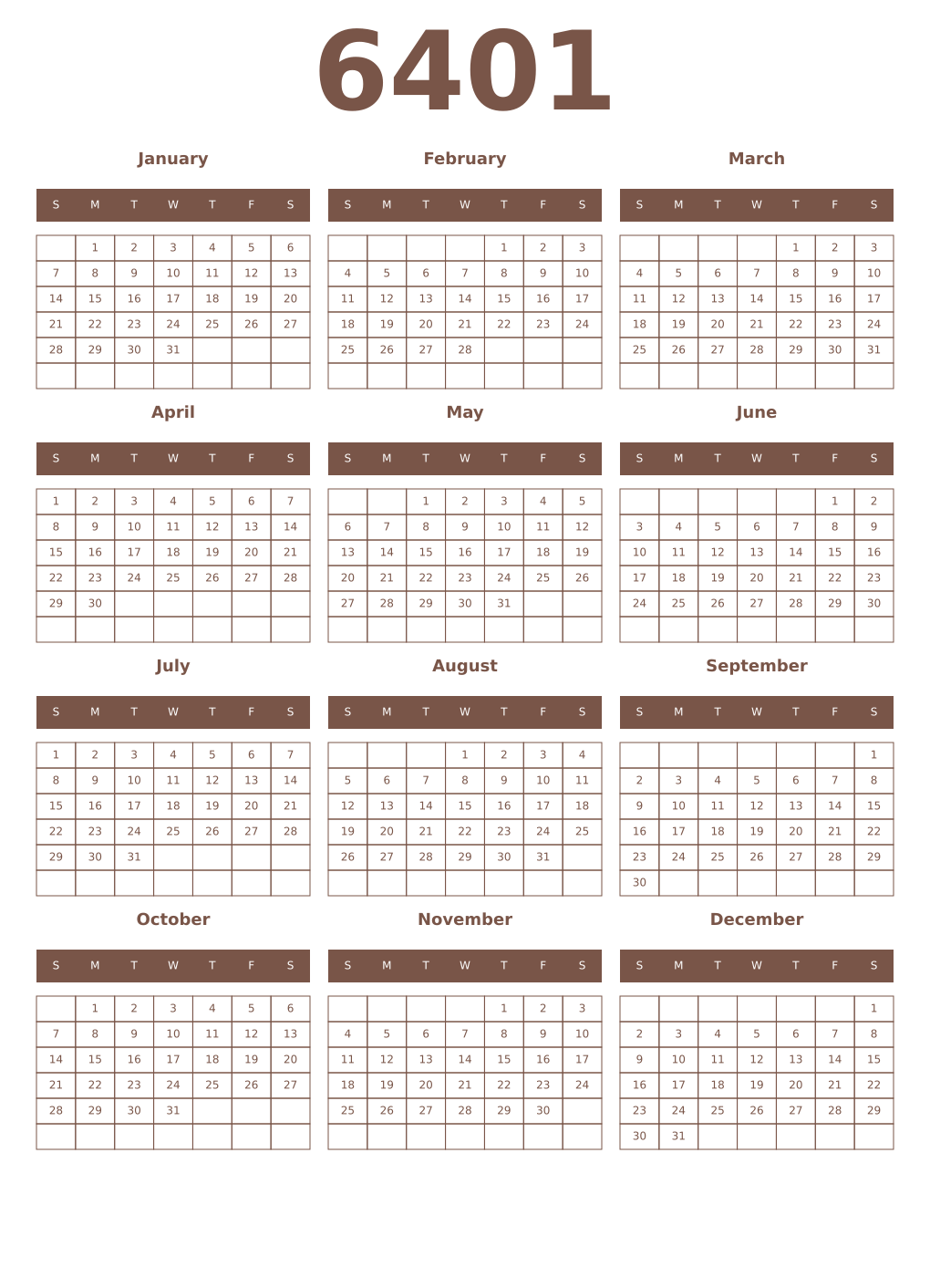 Printable 6401 Year Calendars coffe