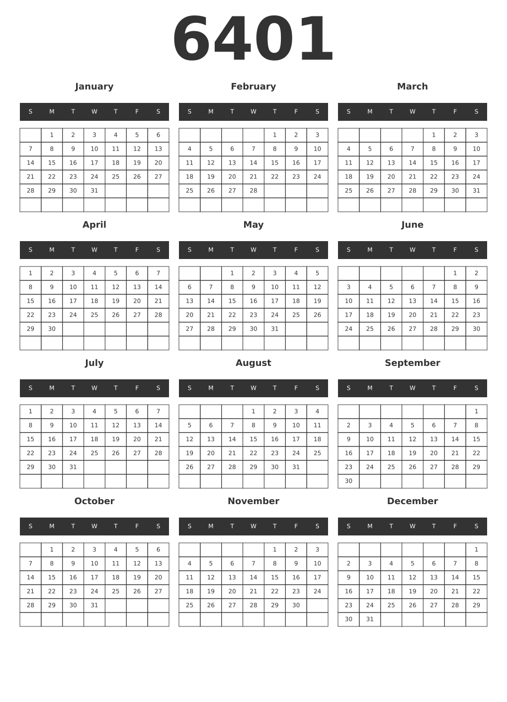 Printable 6401 Year Calendars dark