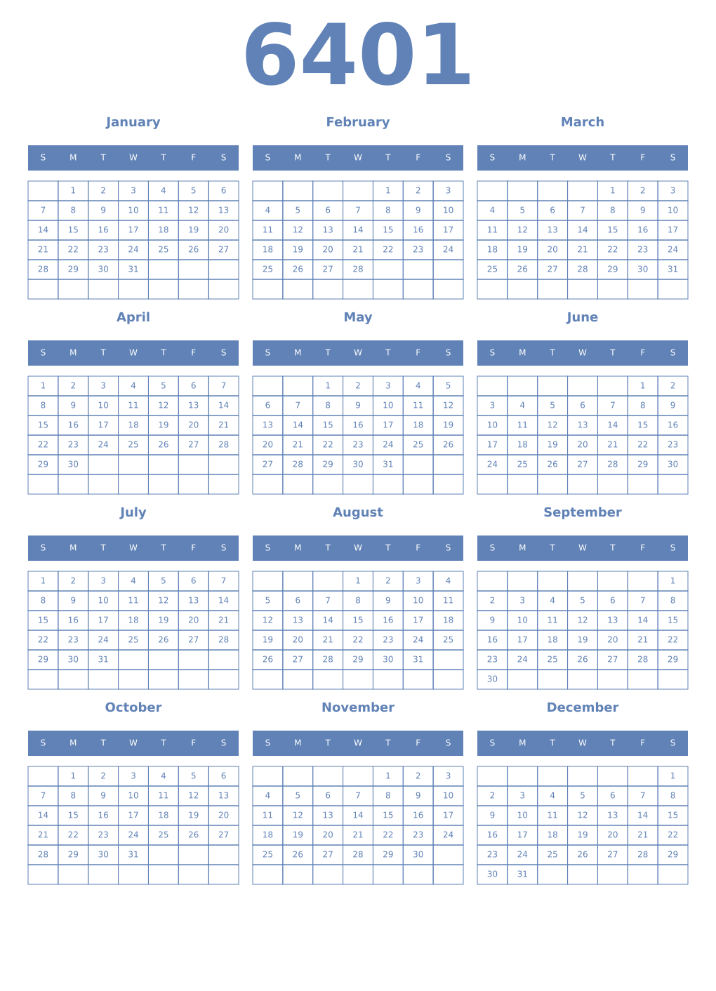Printable 6401 Year Calendars glaucous