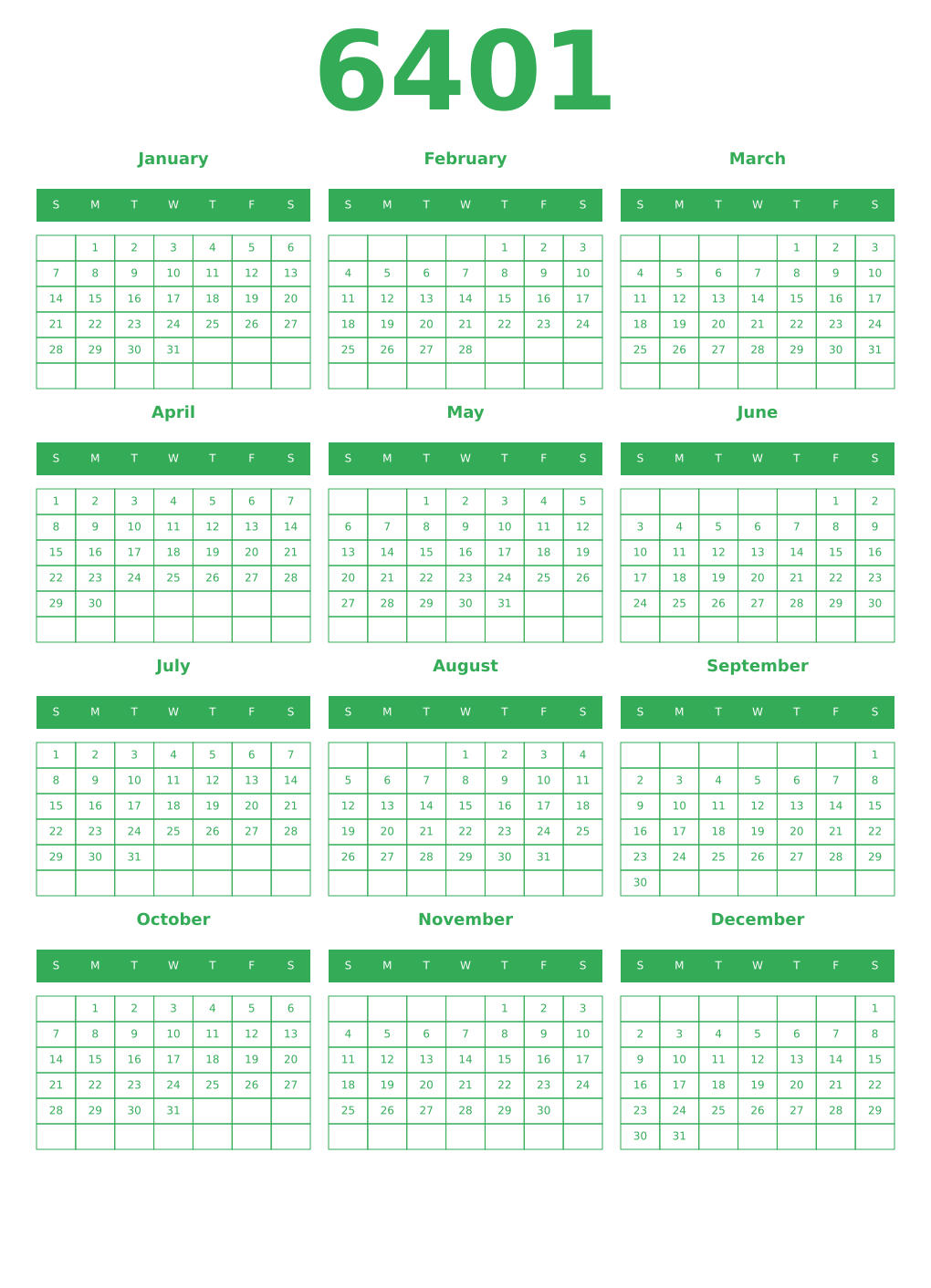 Printable 6401 Year Calendars green