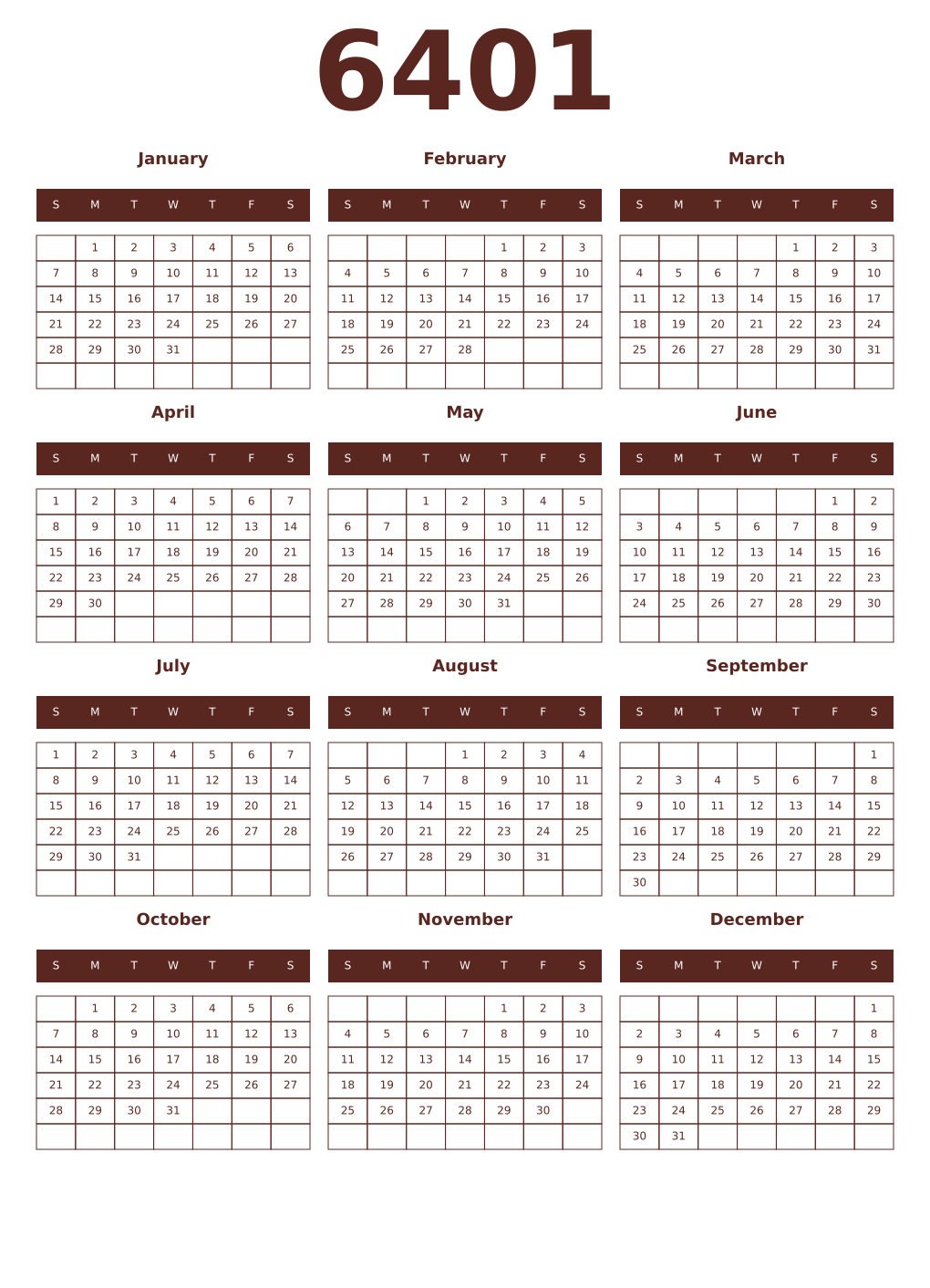 Printable 6401 Year Calendars mortuum