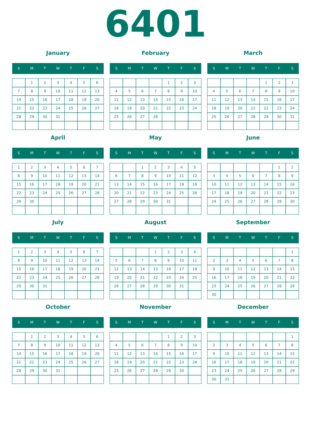 Printable 6401 Year Calendars pastel