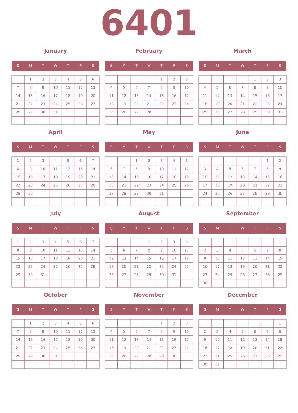 Printable 6401 Year Calendars puce
