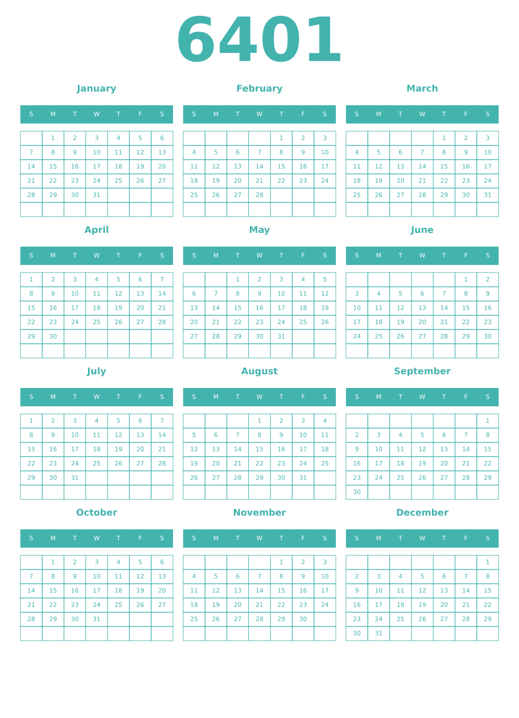 Printable 6401 Year Calendars verdigris