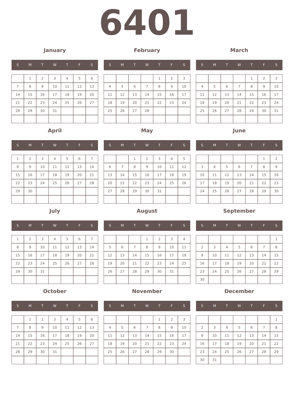 Printable 6401 Year Calendars wenge