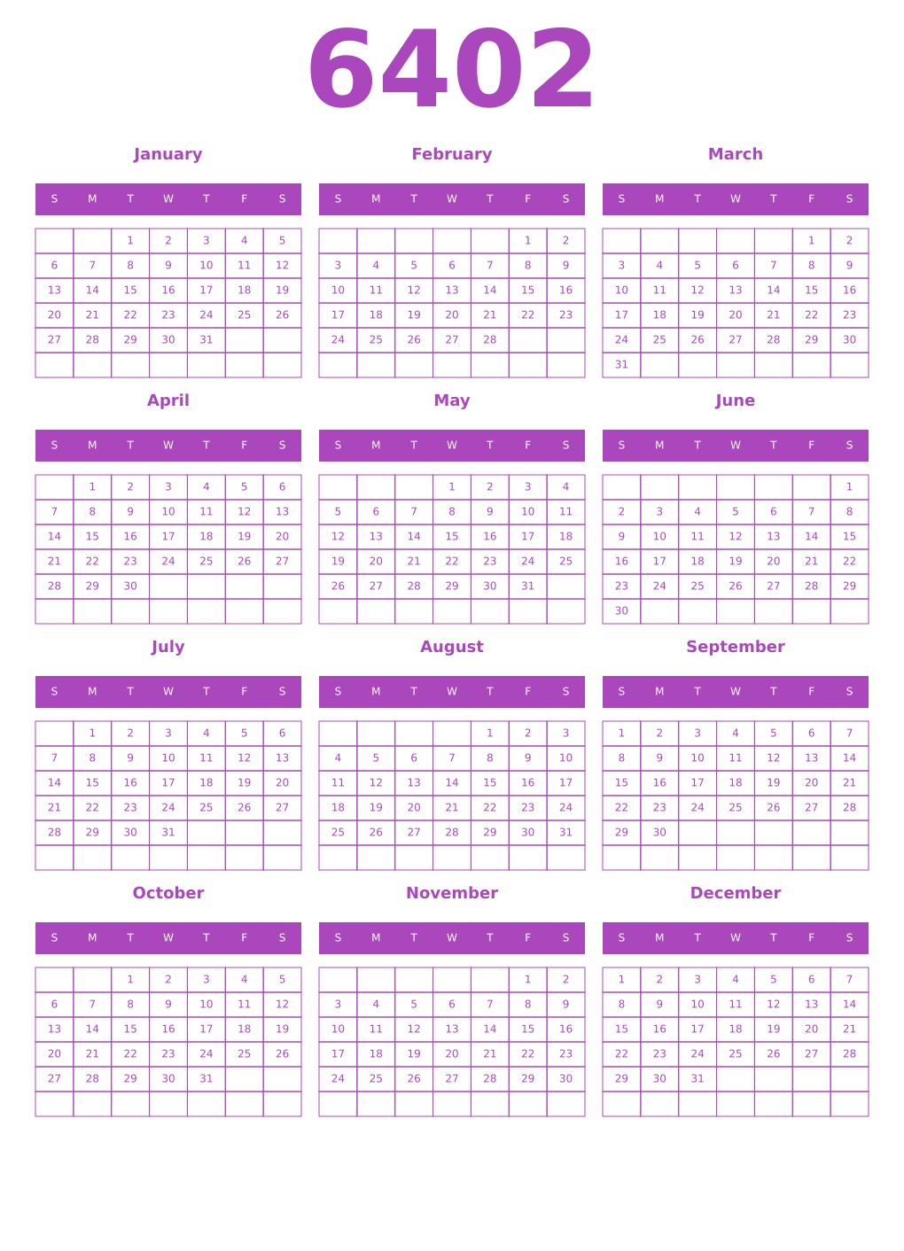 Printable 6402 Calendars
