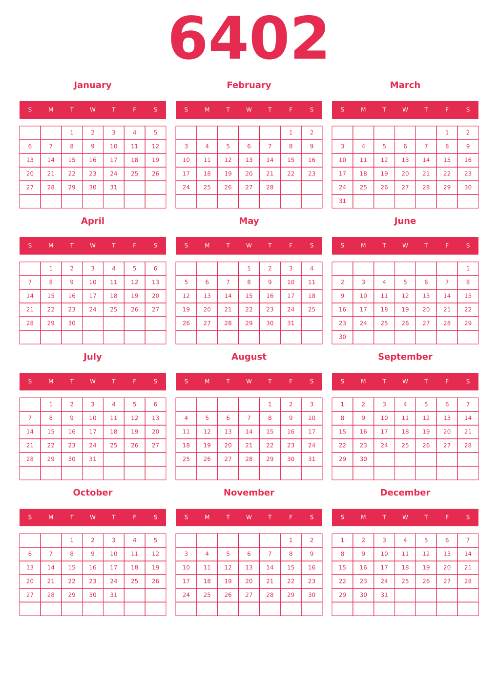 Printable 6402 Year Calendars amaranth