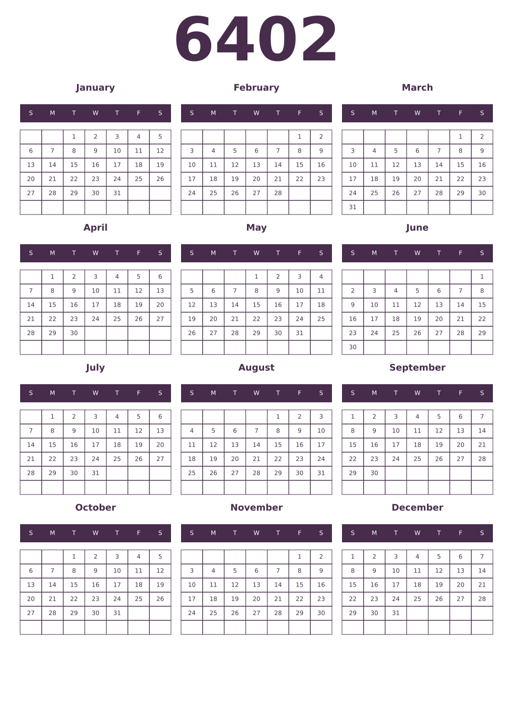 Printable 6402 Year Calendars aubergine
