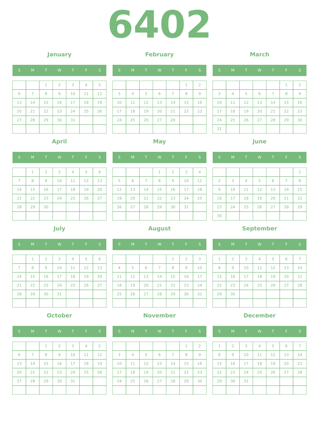 Printable 6402 Year Calendars celadon