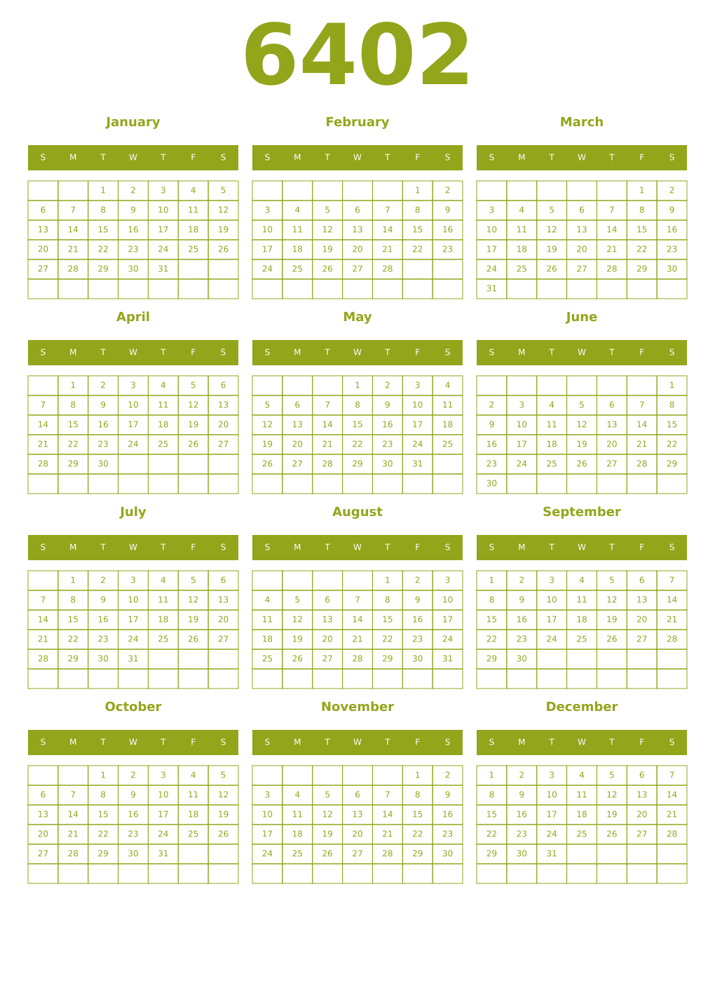 Printable 6402 Year Calendars chartreuse