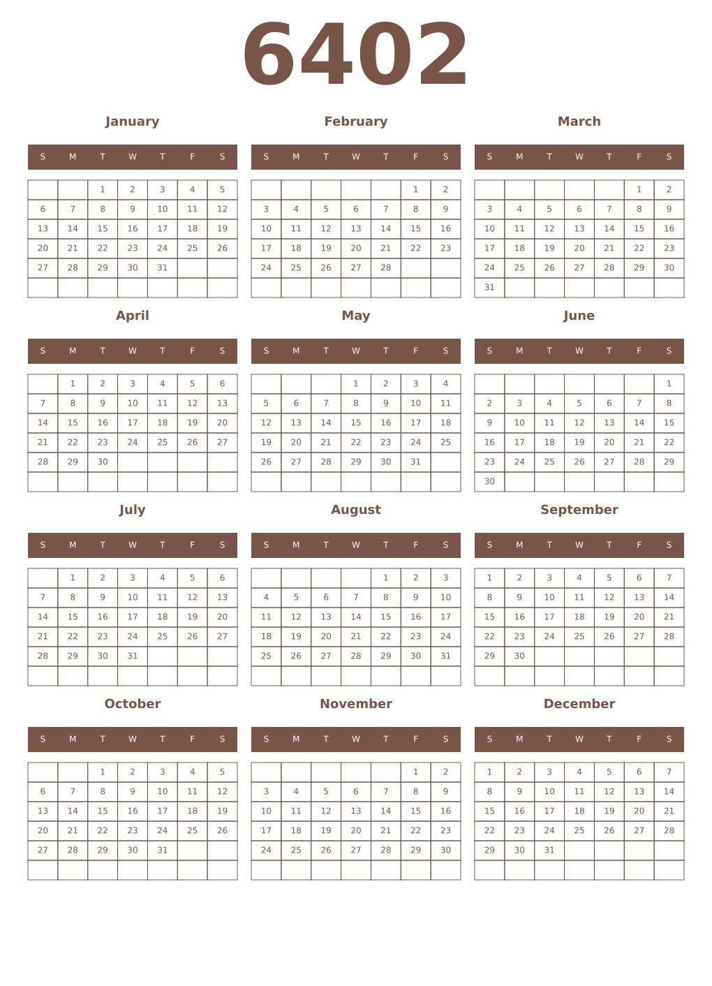 Printable 6402 Year Calendars coffe