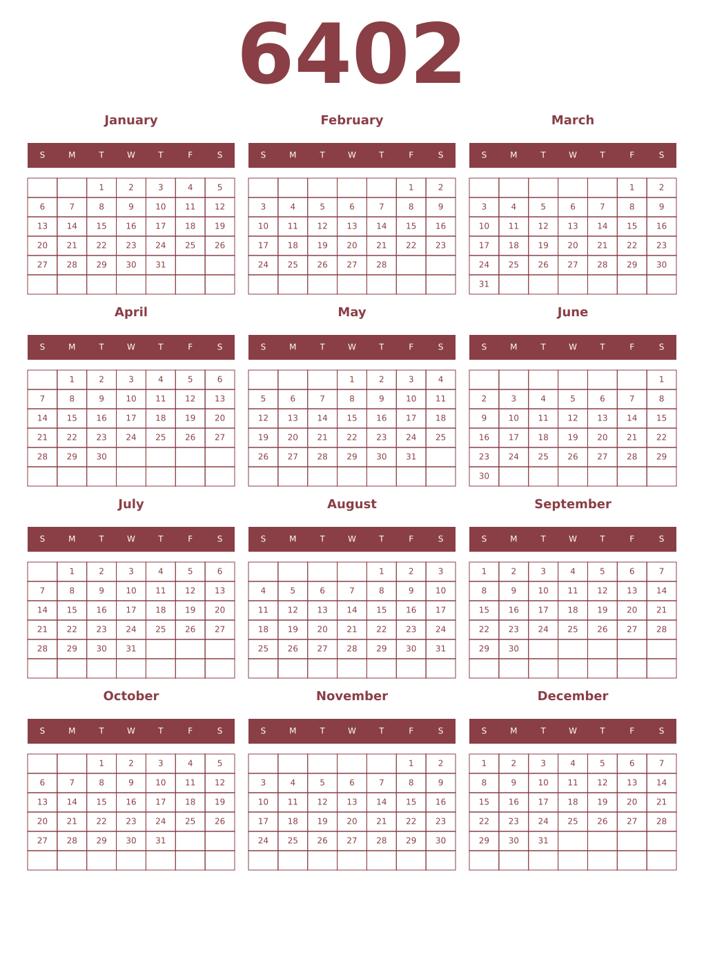 Printable 6402 Year Calendars cordovan