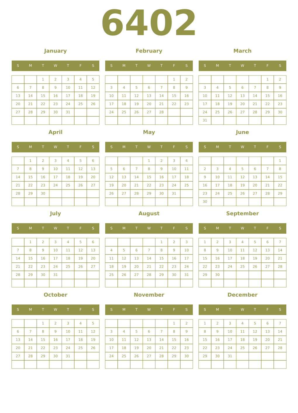 Printable 6402 Year Calendars eburnean