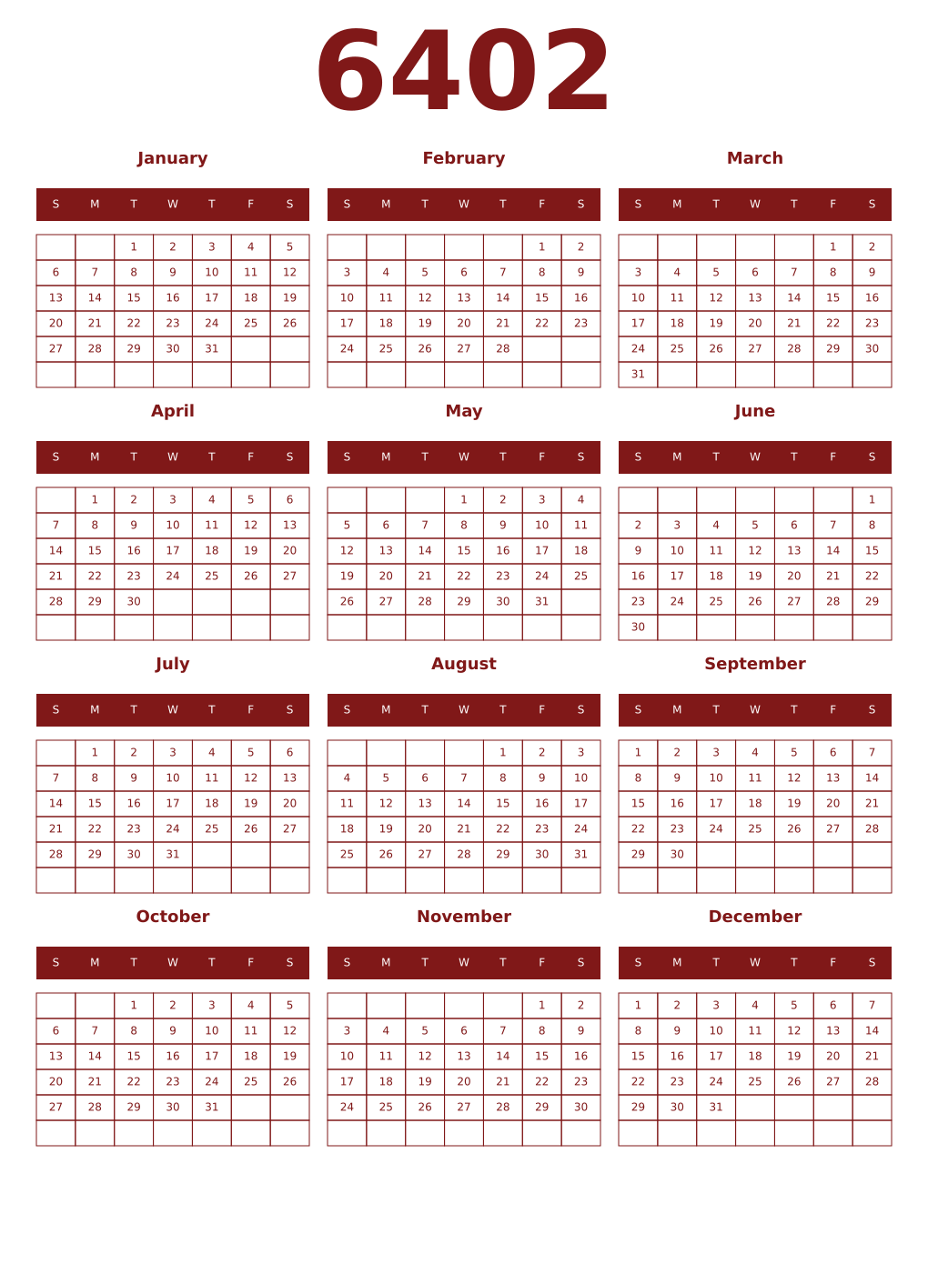 Printable 6402 Year Calendars falu