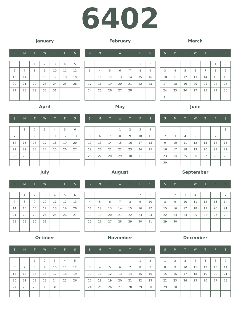 Printable 6402 Year Calendars feldgrau