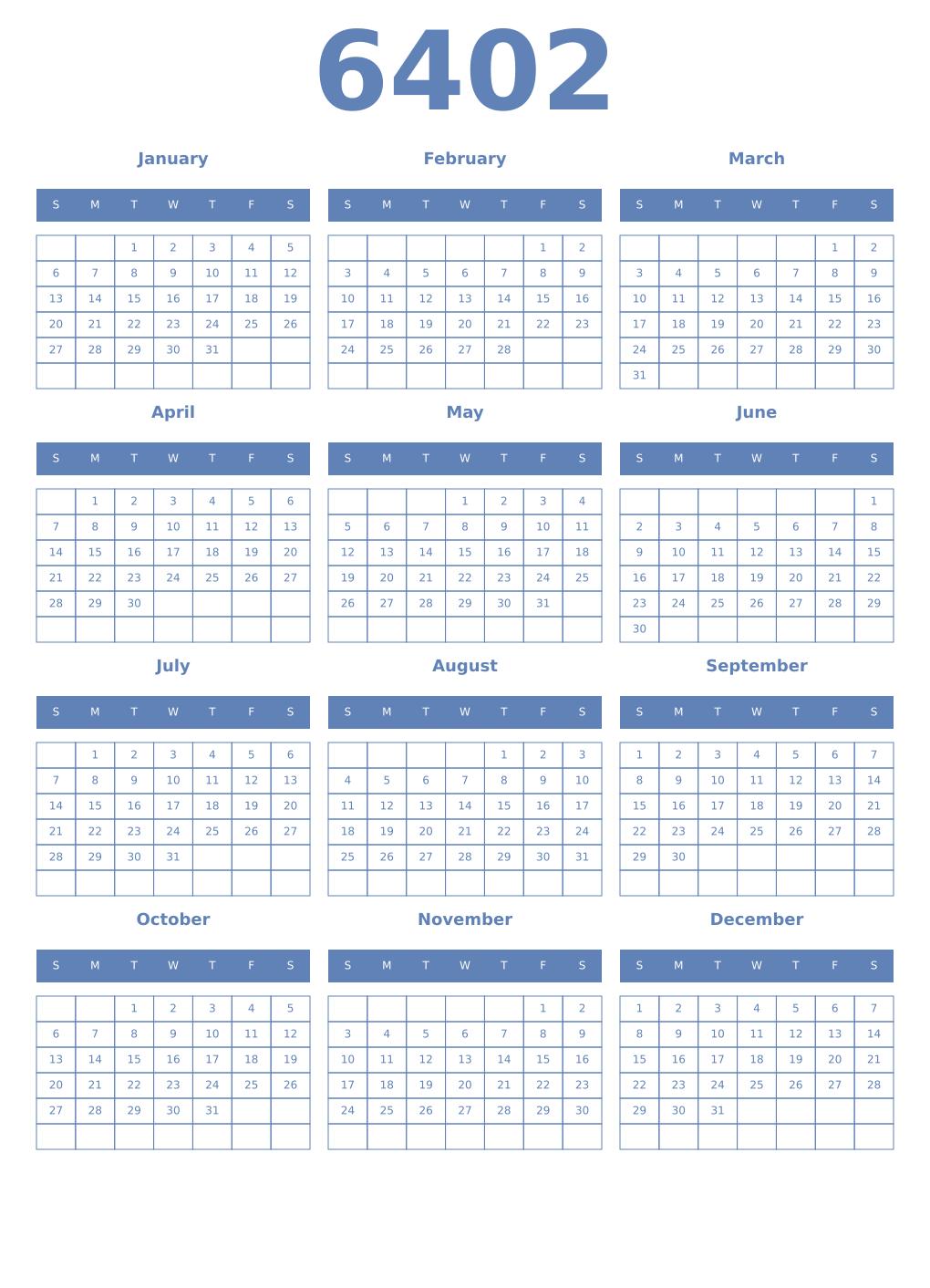 Printable 6402 Year Calendars glaucous