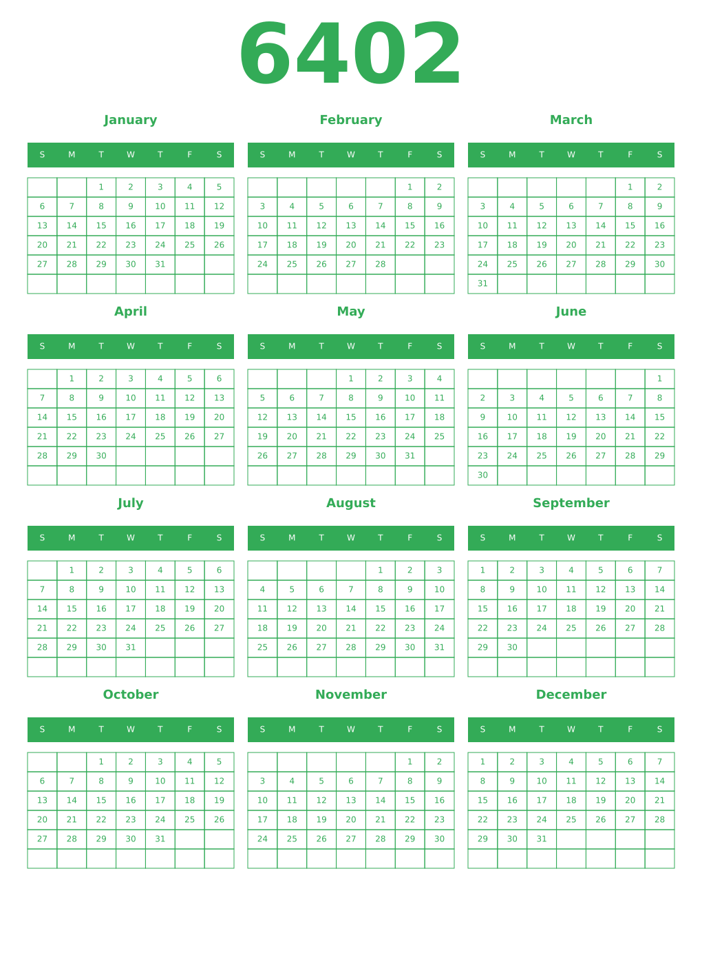 Printable 6402 Year Calendars green