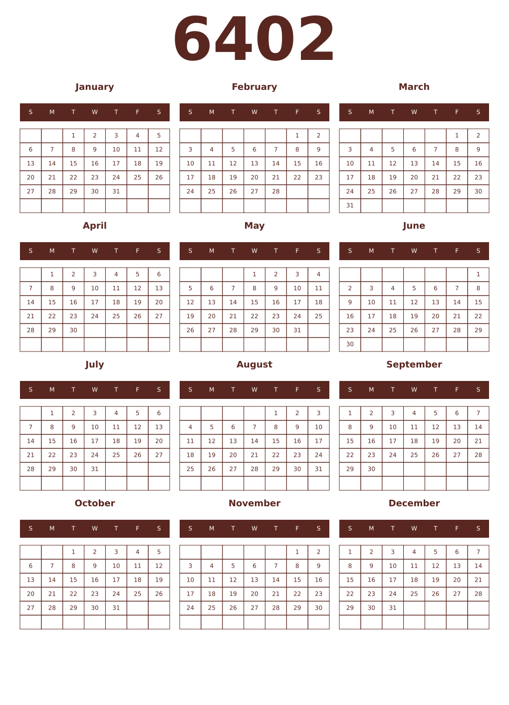 Printable 6402 Year Calendars mortuum