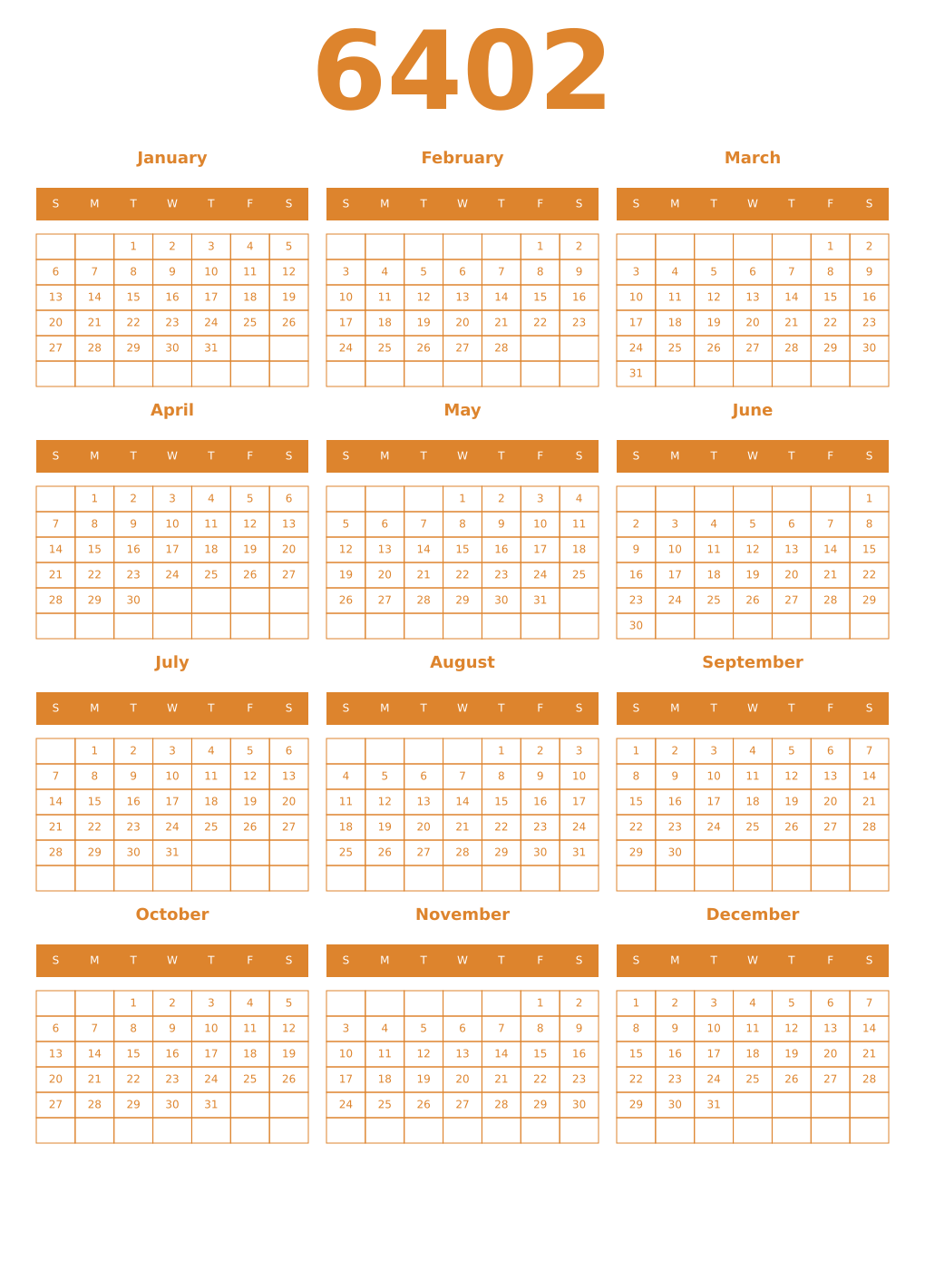 Printable 6402 Year Calendars orange