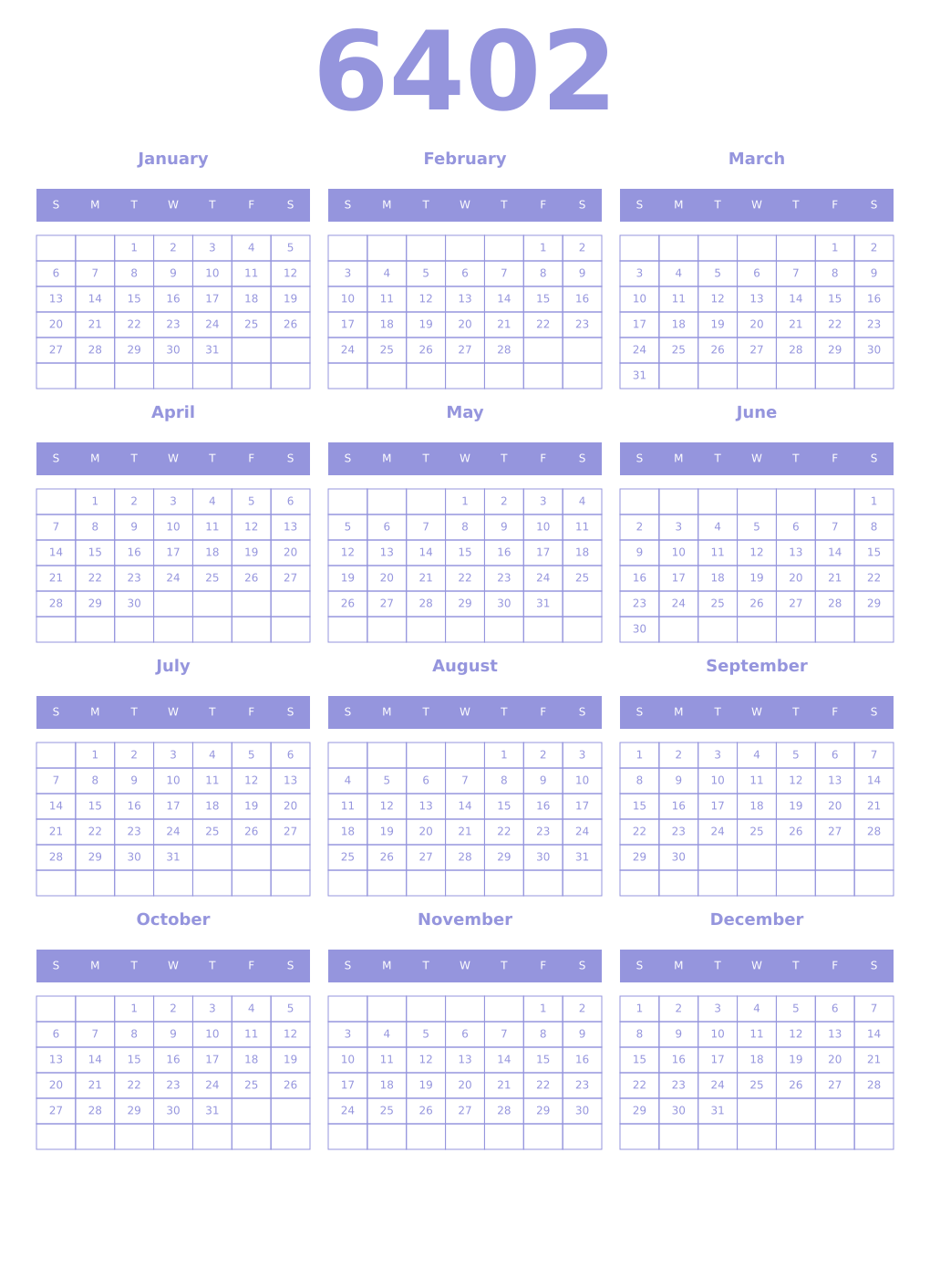 Printable 6402 Year Calendars periwinkle
