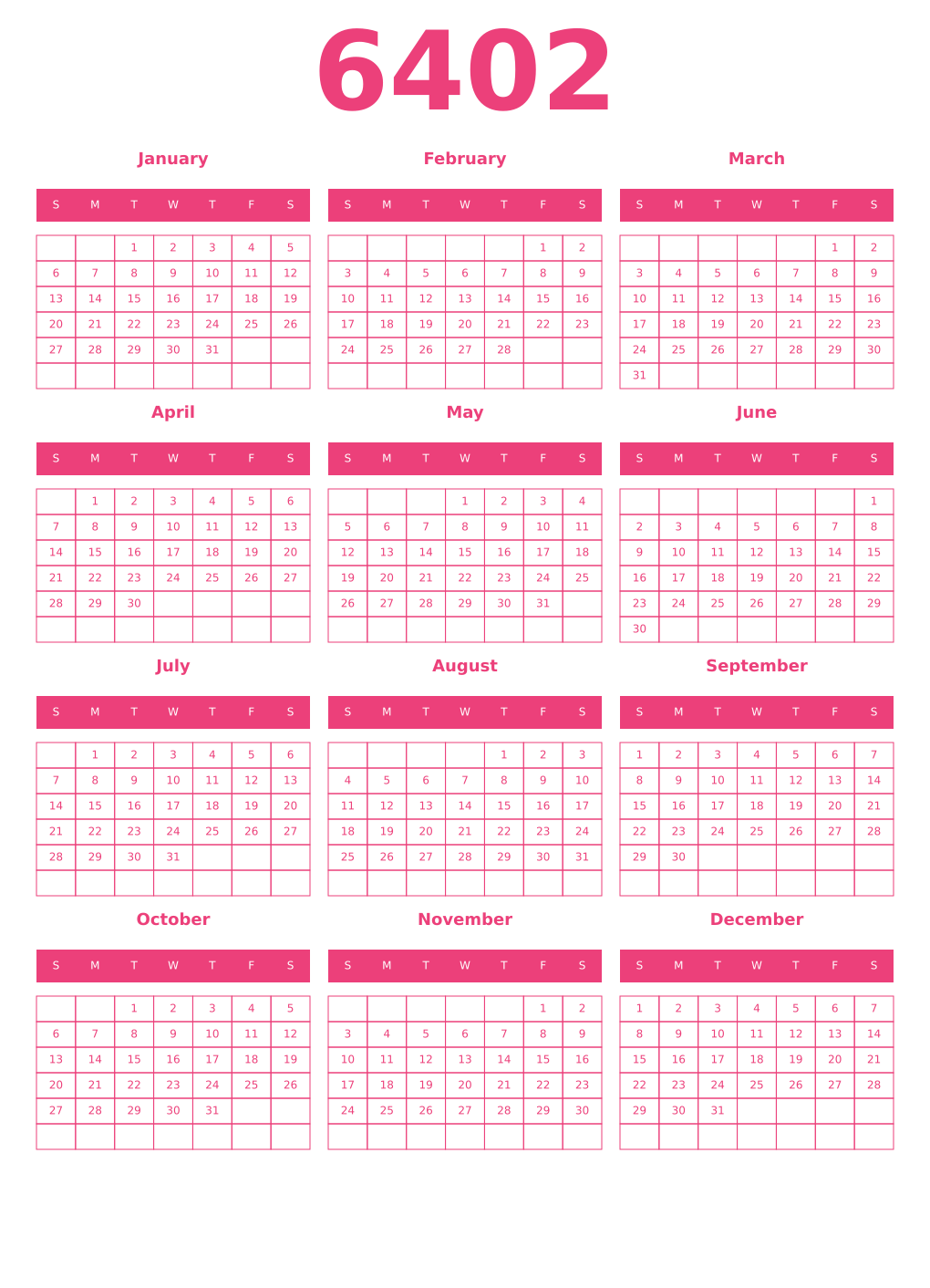 Printable 6402 Year Calendars pink