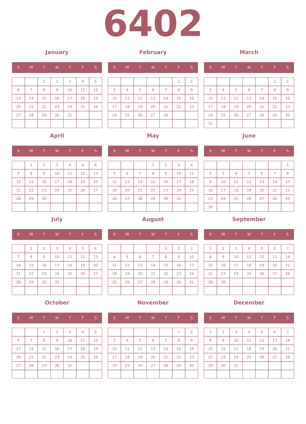 Printable 6402 Year Calendars puce
