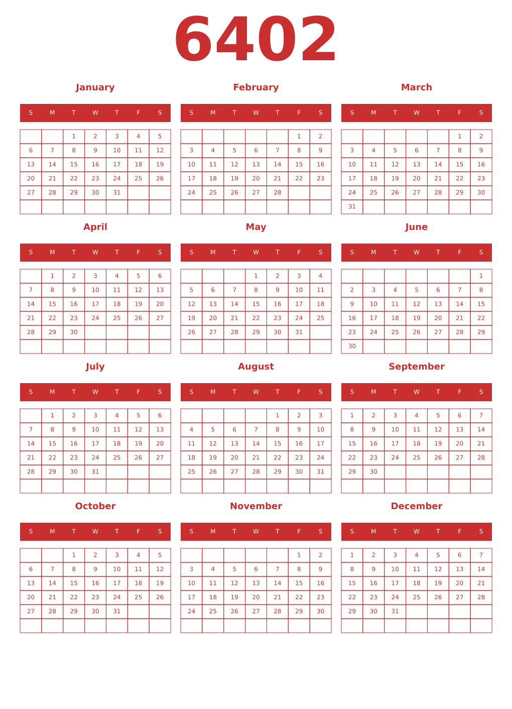 Printable 6402 Year Calendars red
