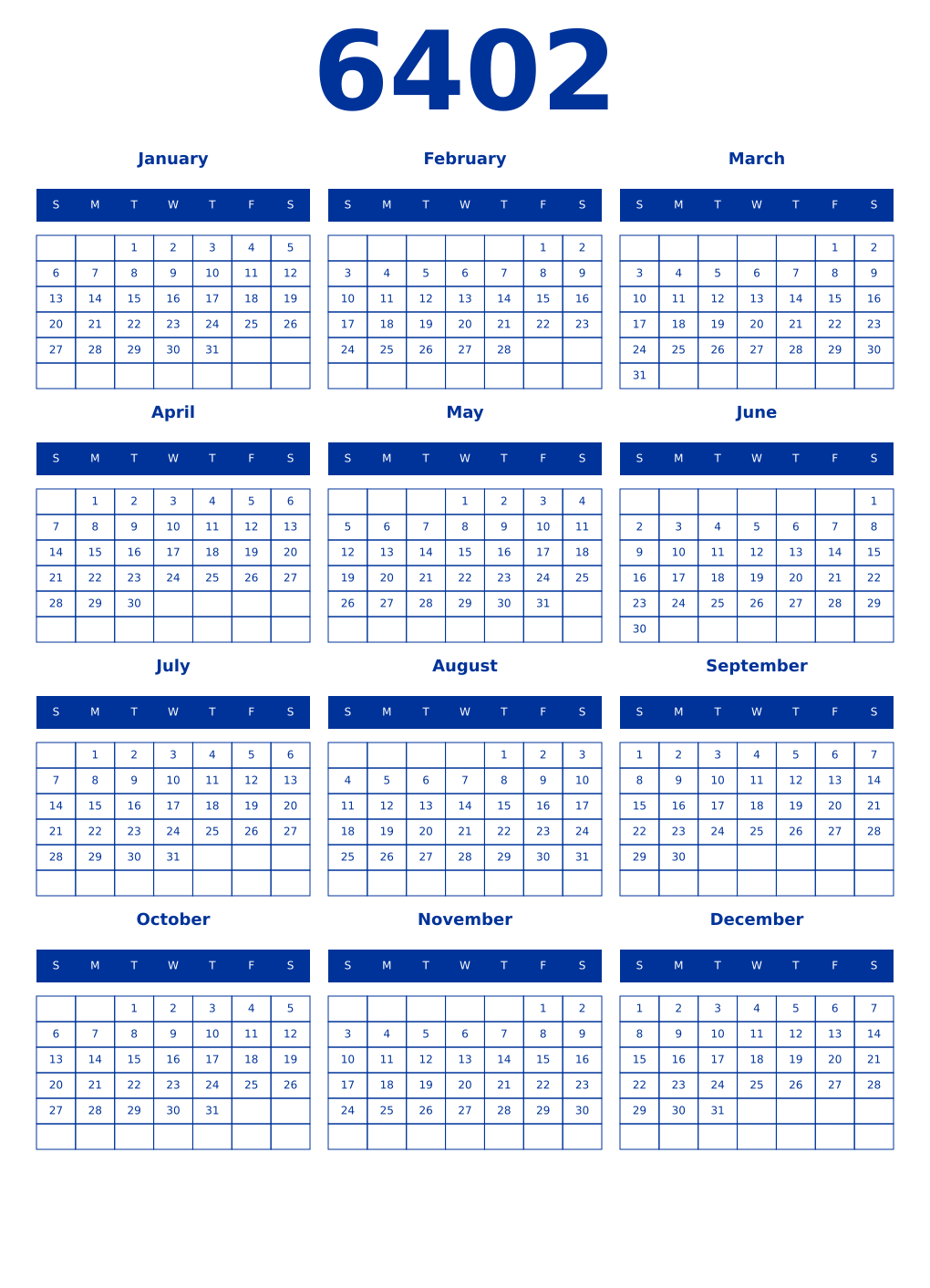 Printable 6402 Year Calendars smalt