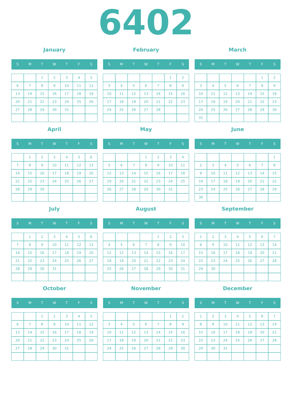 Printable 6402 Year Calendars verdigris