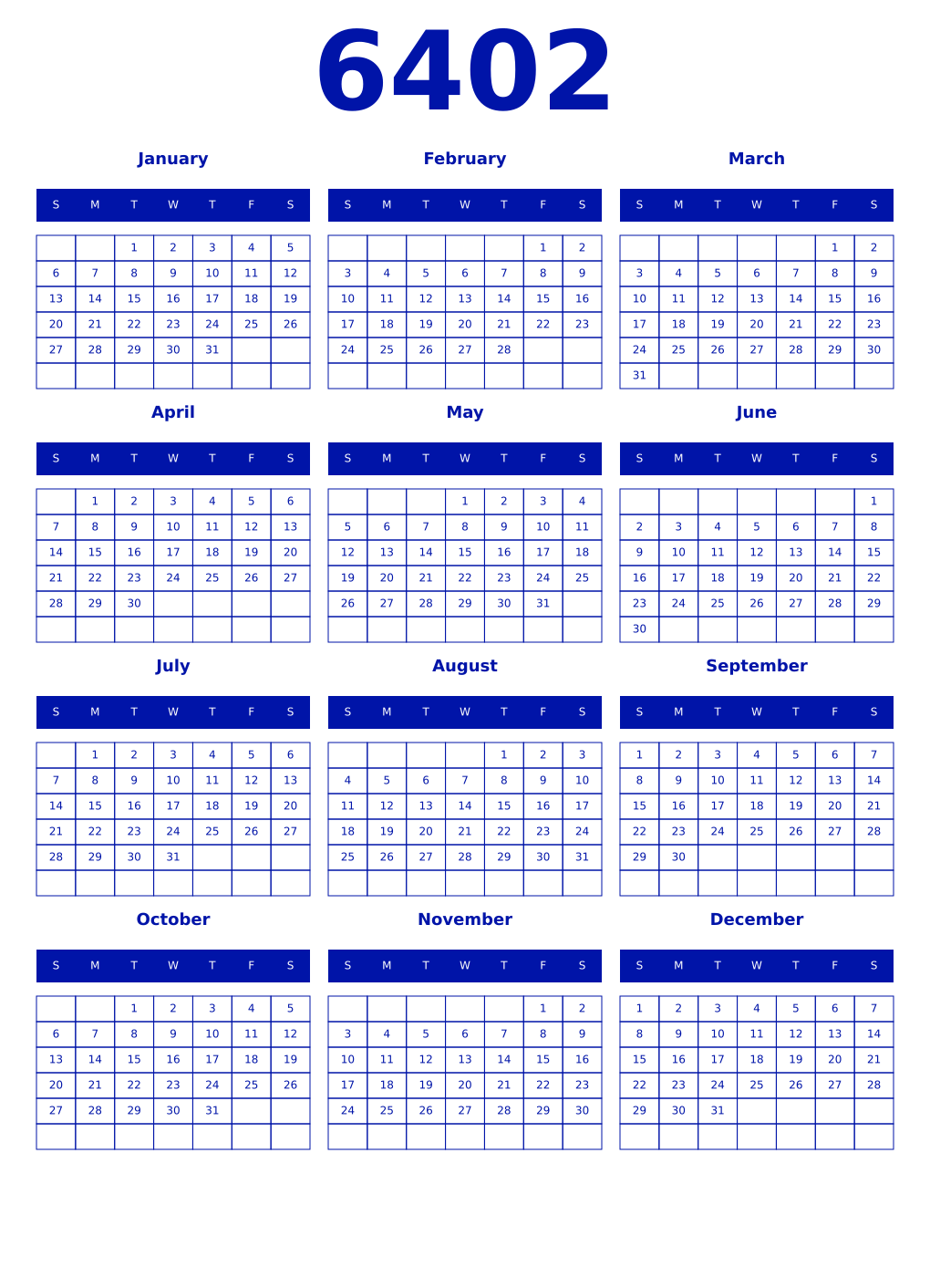Printable 6402 Year Calendars zaffre