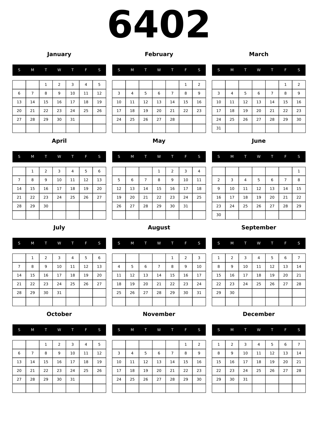 Printable 6402 Calendars