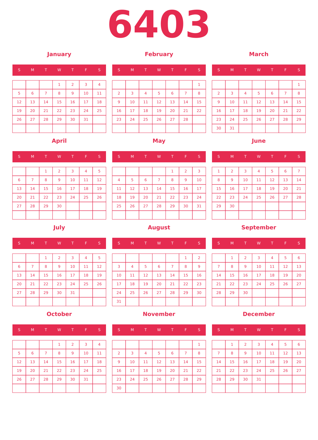 Printable 6403 Year Calendars amaranth