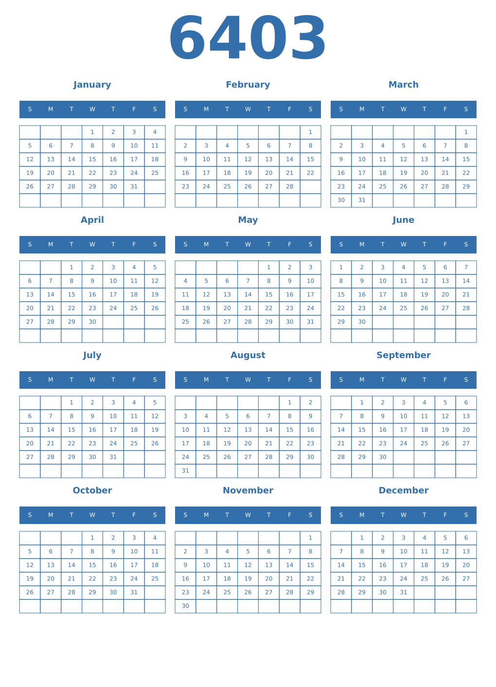 Printable 6403 Year Calendars blue
