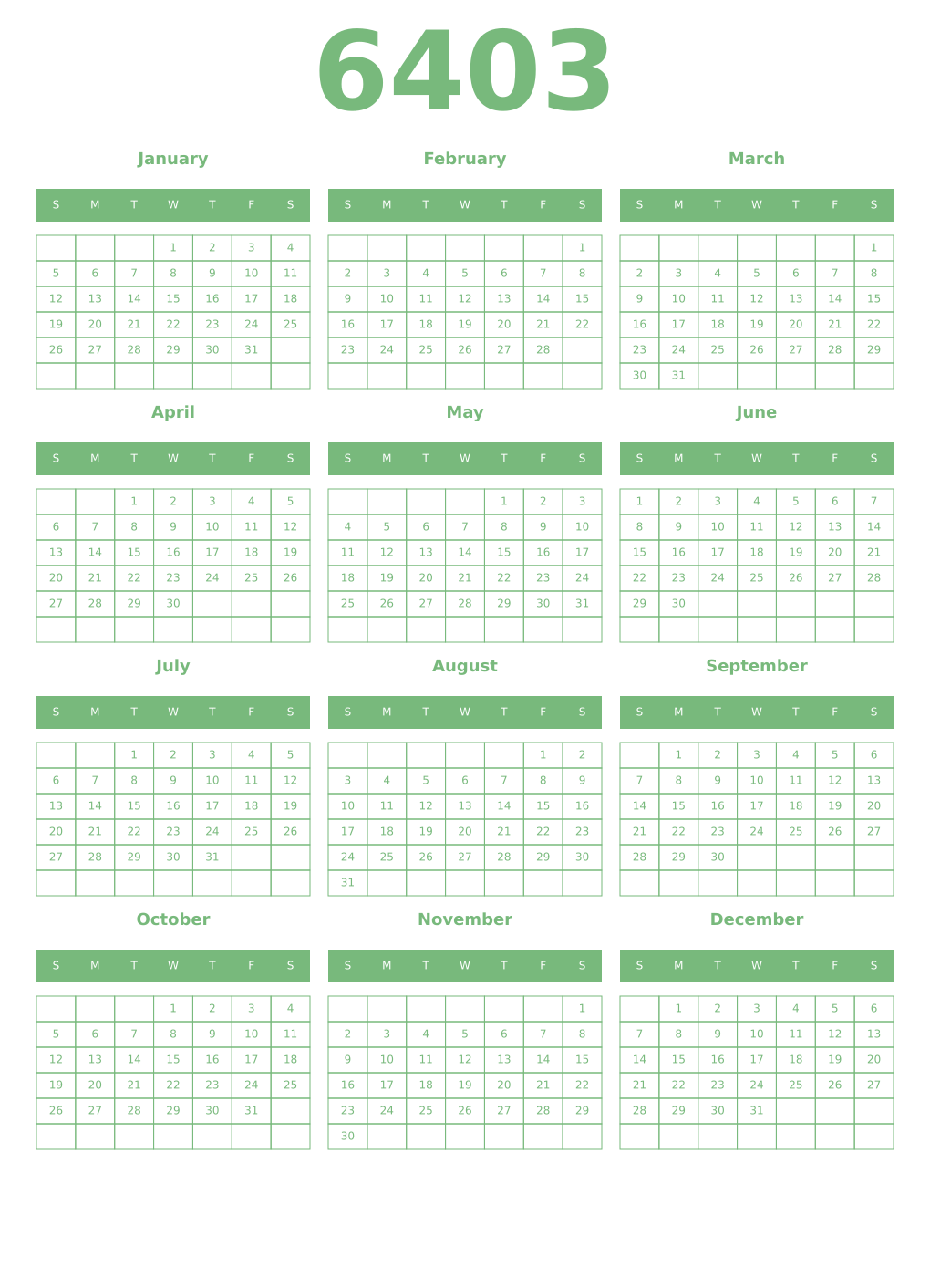 Printable 6403 Year Calendars celadon